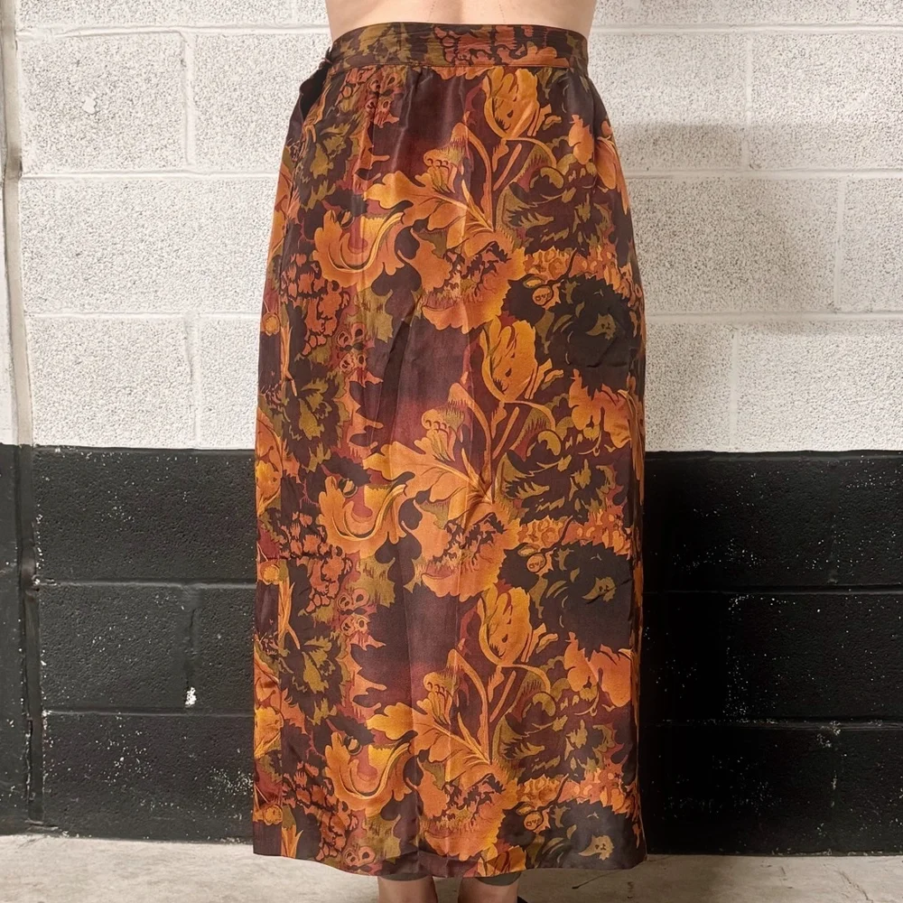 Vintage Silk A-Line Maxi Skirt Fall Flower Print Size L - Picture 2 of 8